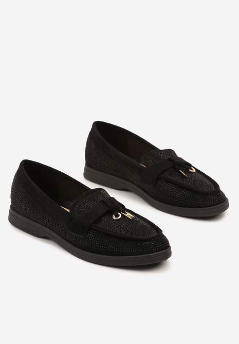 Czarne Mokasyny z Cholewką z Cyrkoniami Zdobione Aplikacją Tenurea