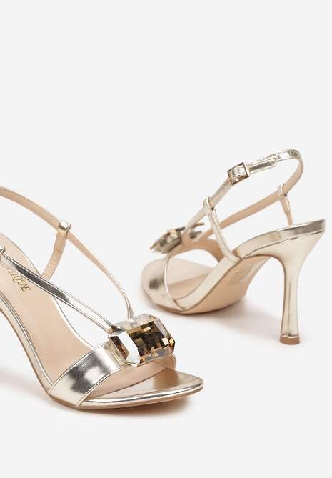 Złote Eleganckie Sandały na Obcasie z Ozdobnym Kamieniem i Paskami Aridwenna