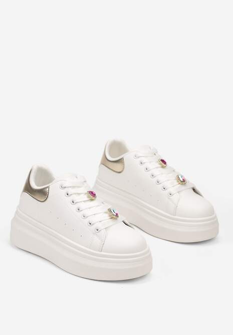 Biało-Złote Sneakersy na Platformie z Aplikacjami na Sznurówkach Neveahra