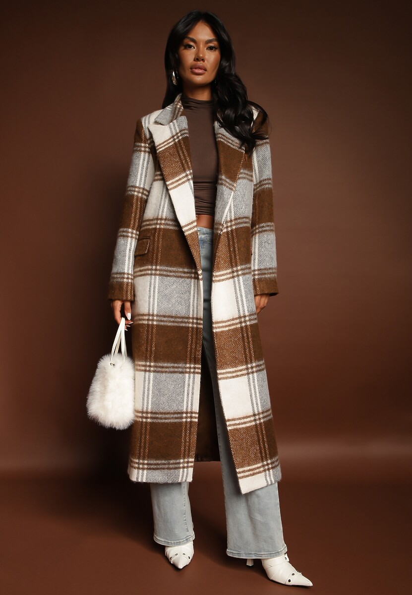 Brązowy Niezapinany Płaszcz w Kratkę z Kieszeniami z Klapą Fiboila