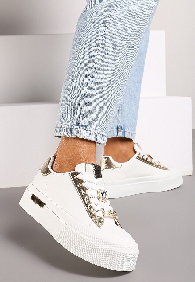 Niebieskie Casualowe Sneakersy na Platformie Ozdobione Cyrkoniami i Metalicznymi Wstawkami Primaria