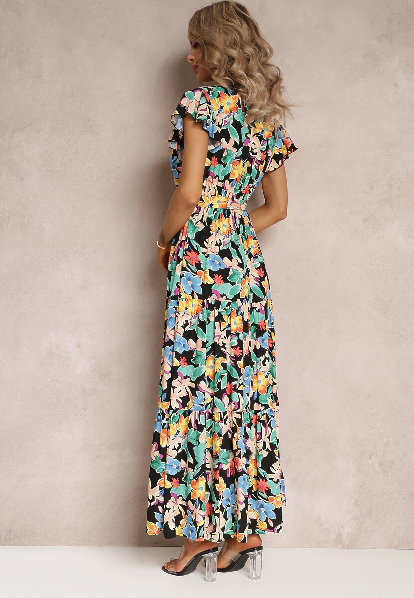 Czarna Rozkloszowana Sukienka Maxi w Kwiaty Moirane
