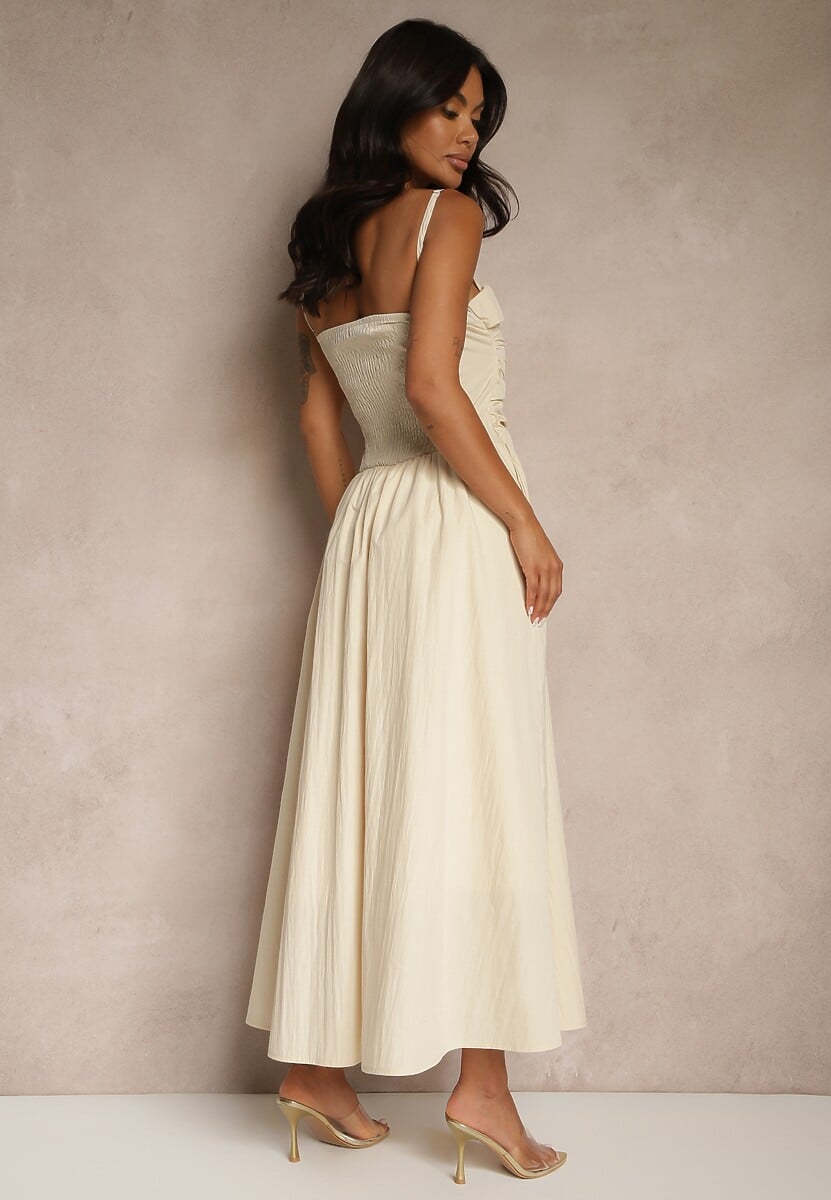 Beżowa Sukienka z Wiskozy z Bawełną Ozdobiona Zakładką Atellana