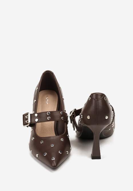 Brązowe Czółenka Vices na Szpilce z Wkładką ze Skóry Naturalnej Ozdobione Nitami Rileinea