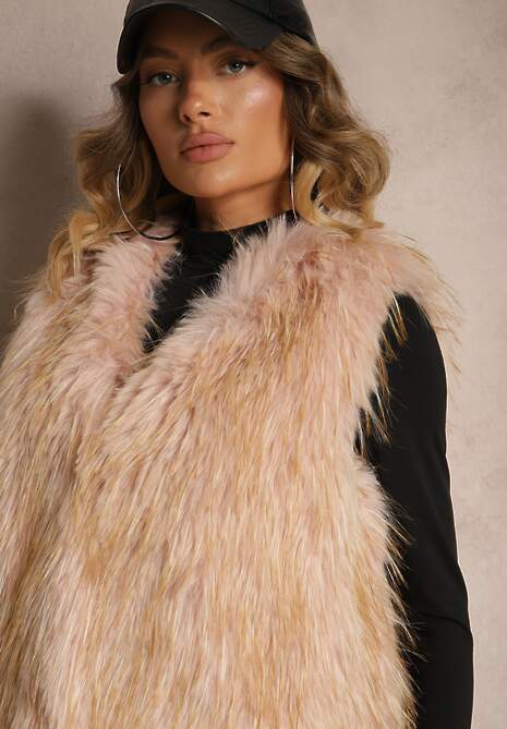 Beżowa Niezapinana Kamizelka Futerko Heleeti