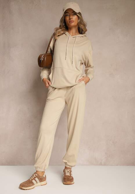 Beżowy Komplet Dresowy Spodnie i Bluza z Kapturem i Kangurową Kieszenią Lotilea