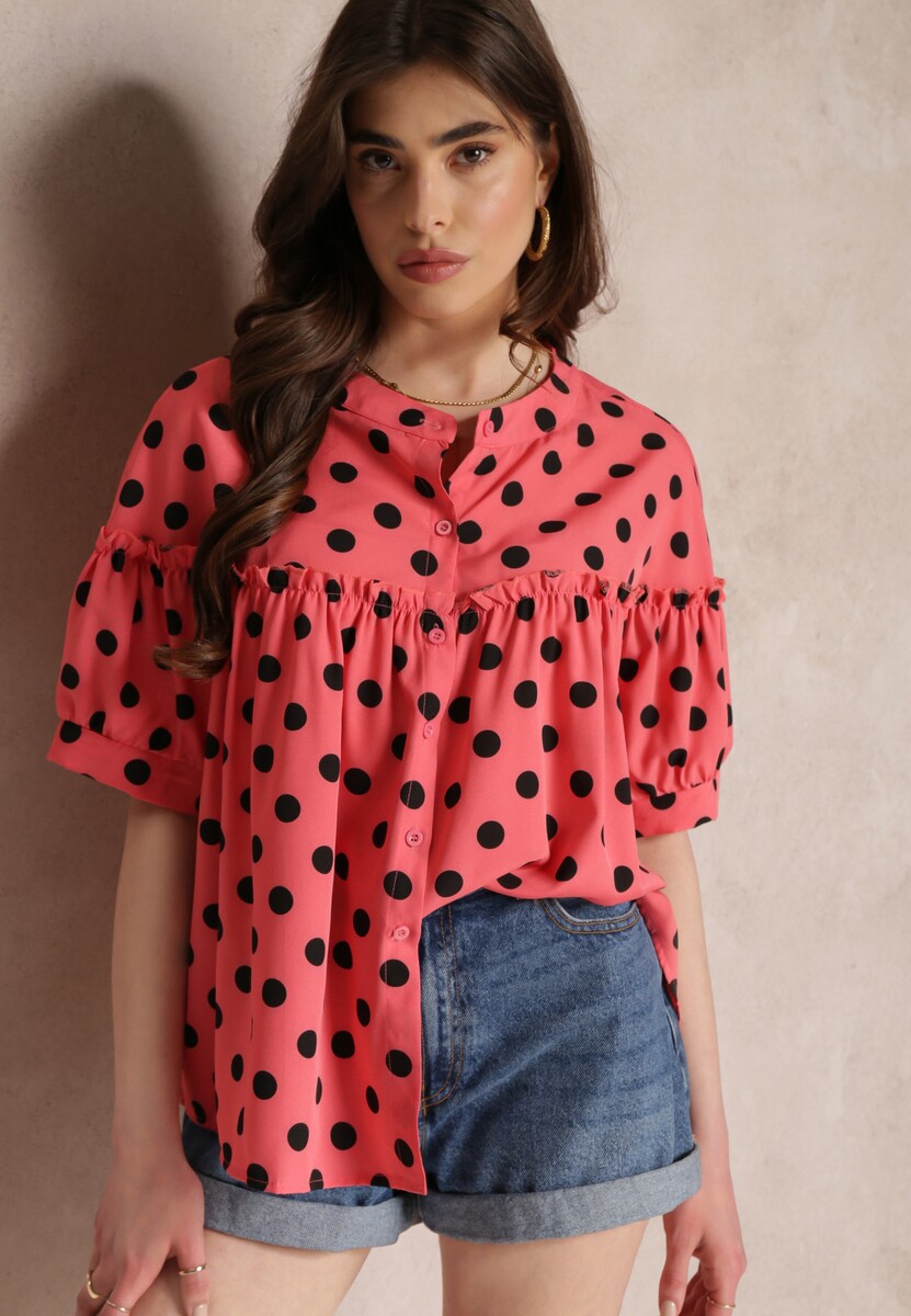 Różowa Bluzka w Kropki z Guzikami o Rozszerzanym Fasonie Bislia