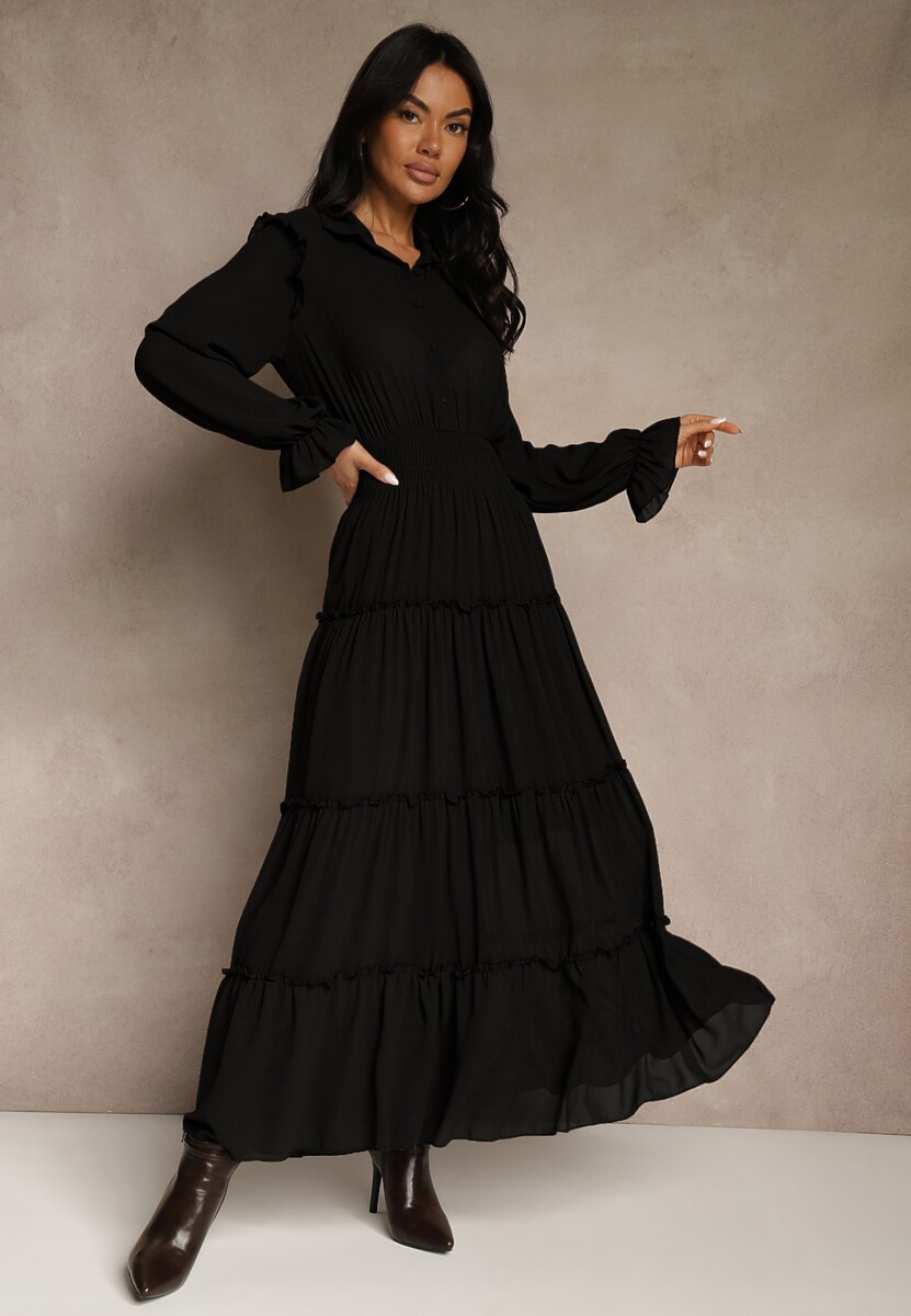 Brązowa Sukienka VICES Koszulowa z Falbaną w Rustykalnym Stylu Arivite