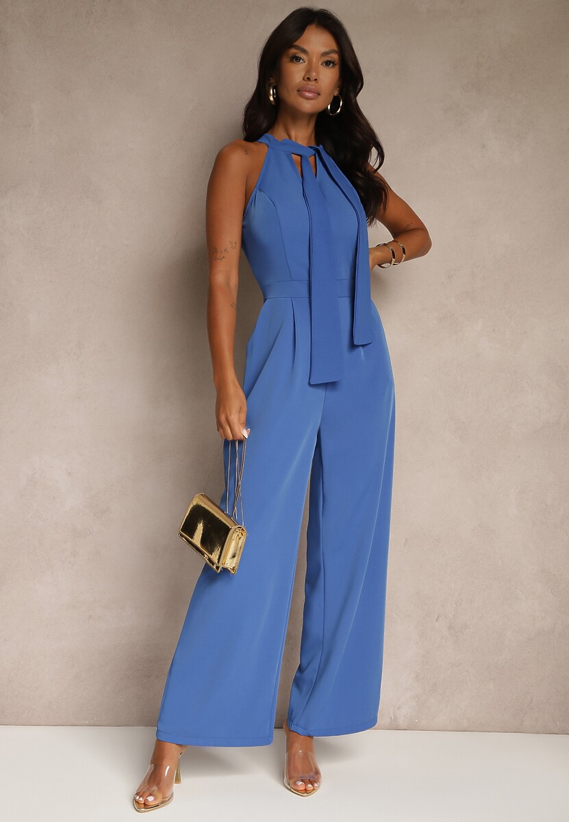 Niebieski Kombinezon Wide Leg z Ozdobnym Wiązaniem przy Szyi Silelia
