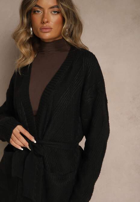 Czarny Tłoczony Kardigan z Wełną o Kroju Bez Zapięć z Paskiem Dorrive