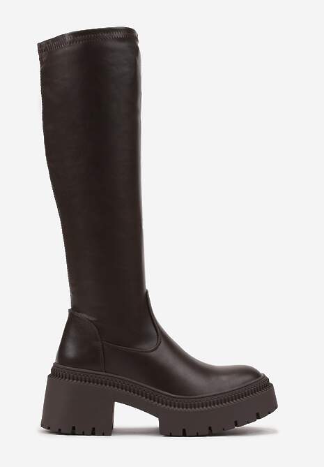 Brązowe Kozaki na Obcasie Typu Słupek z Wysoką Dopasowaną Cholewką Laoliana
