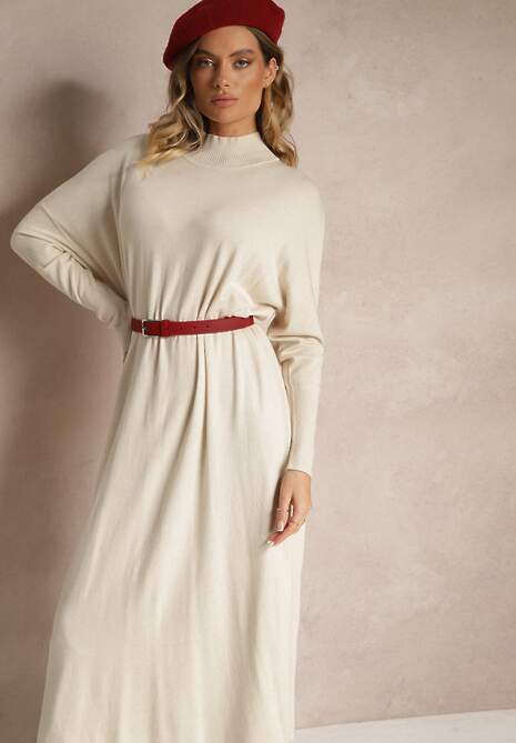 Biała Pudełkowa Sukienka Sweterkowa z Wiskozą i Golfem Rinnine