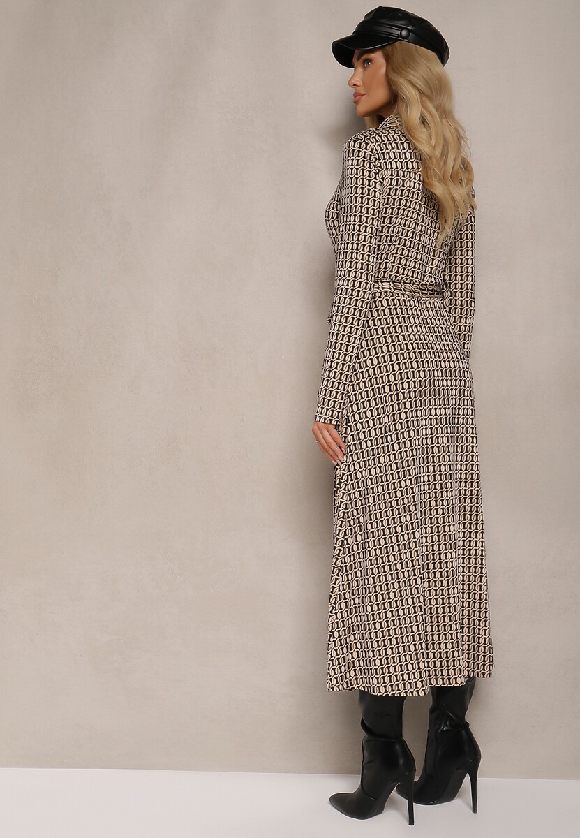 Czarno-Beżowa Sukienka Koszulowa z Wiskozą i Ozdobnym Paskiem Nialine