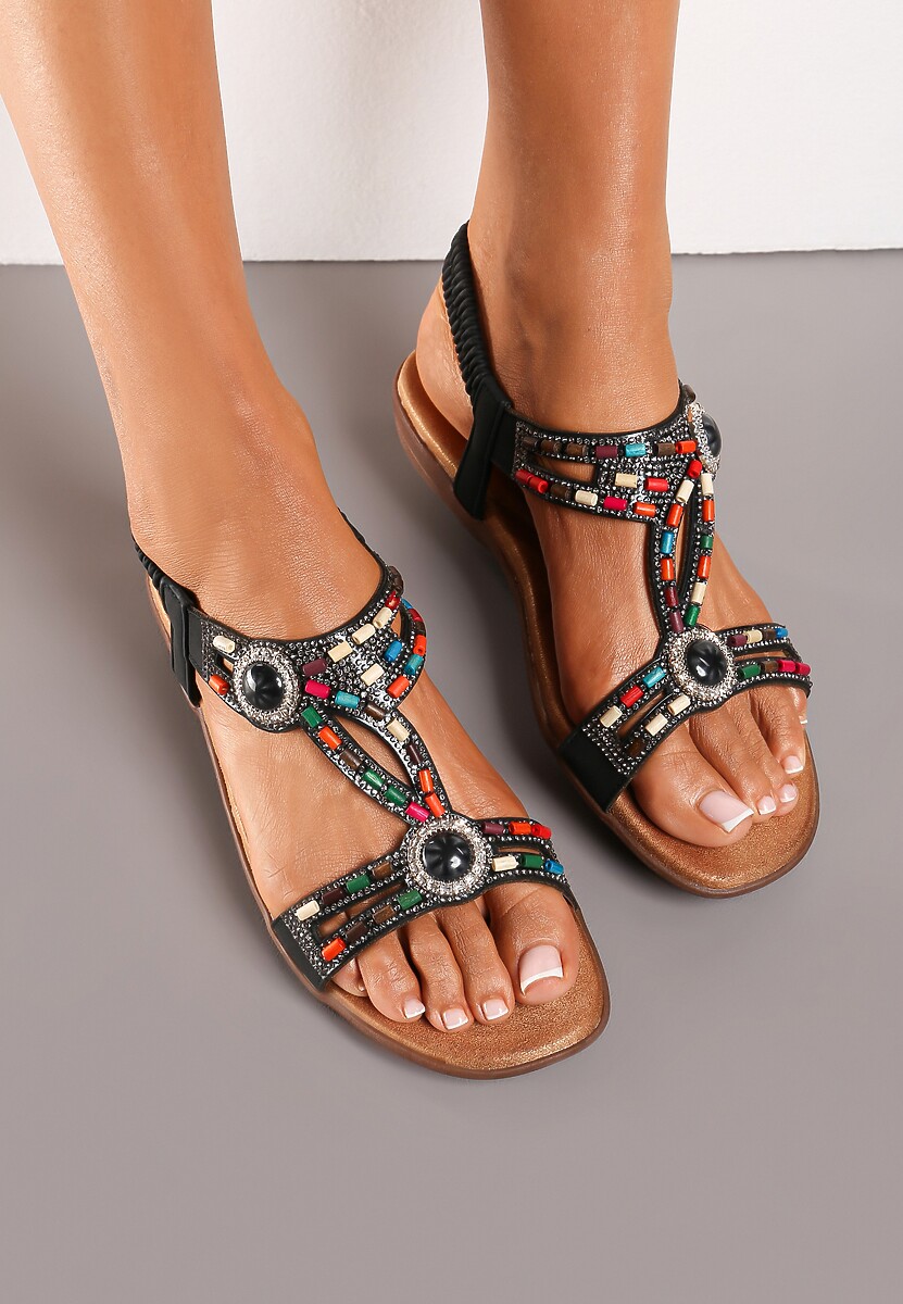 Czarne Sandały z Koralikami i Cyrkoniami Carmilla