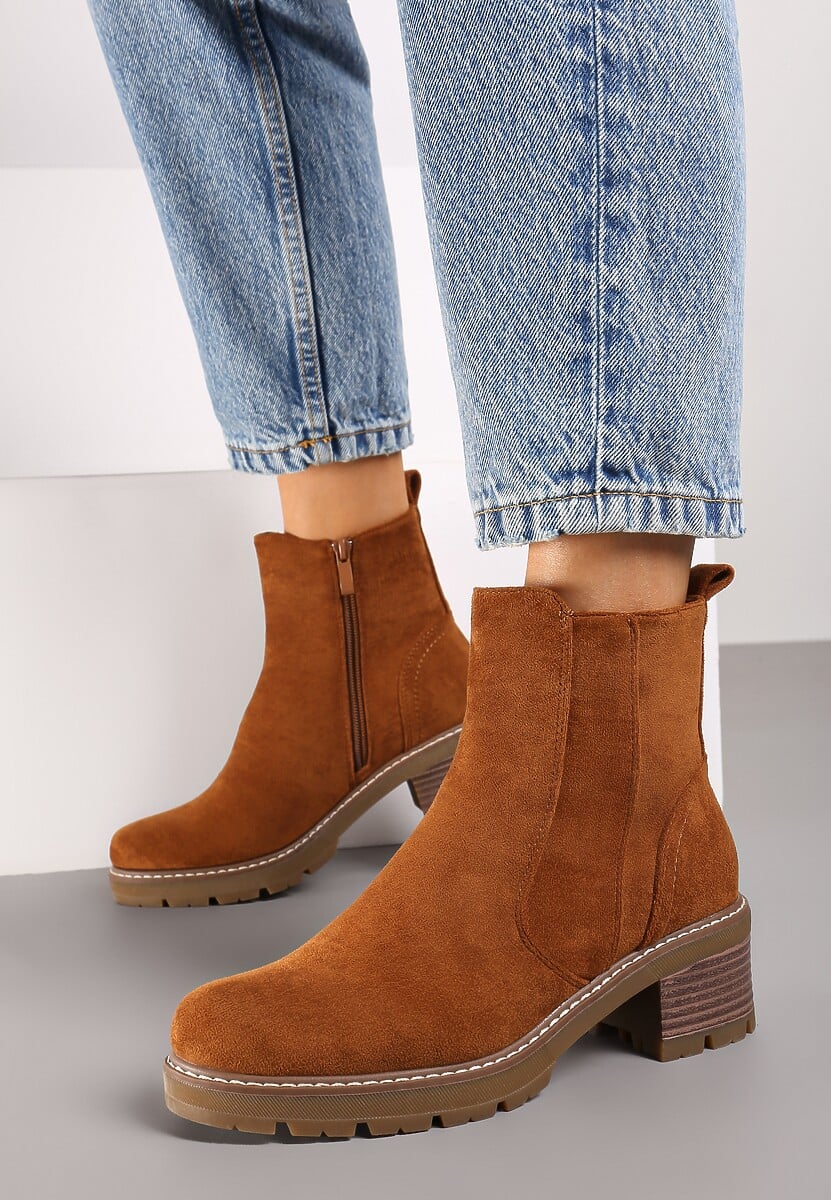 Brązowe Casualowe Botki na Słupku Zapinane na Suwak Mlivia