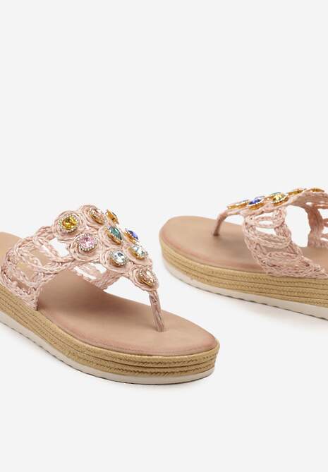 Różowe Klapki Japonki z Ażurową Plecionką i Biżuteryjnymi Kryształkami Ansidela