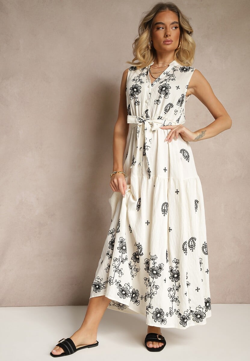 Jasnoniebieska Sukienka Bez Rękawów z Koszulową Górą Ozdobiona Haftem Mepiora