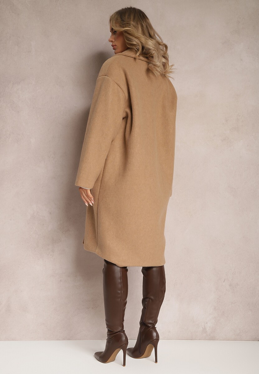 Brązowy  Dwurzędowy Płaszcz Oversize z Wełną Spolete