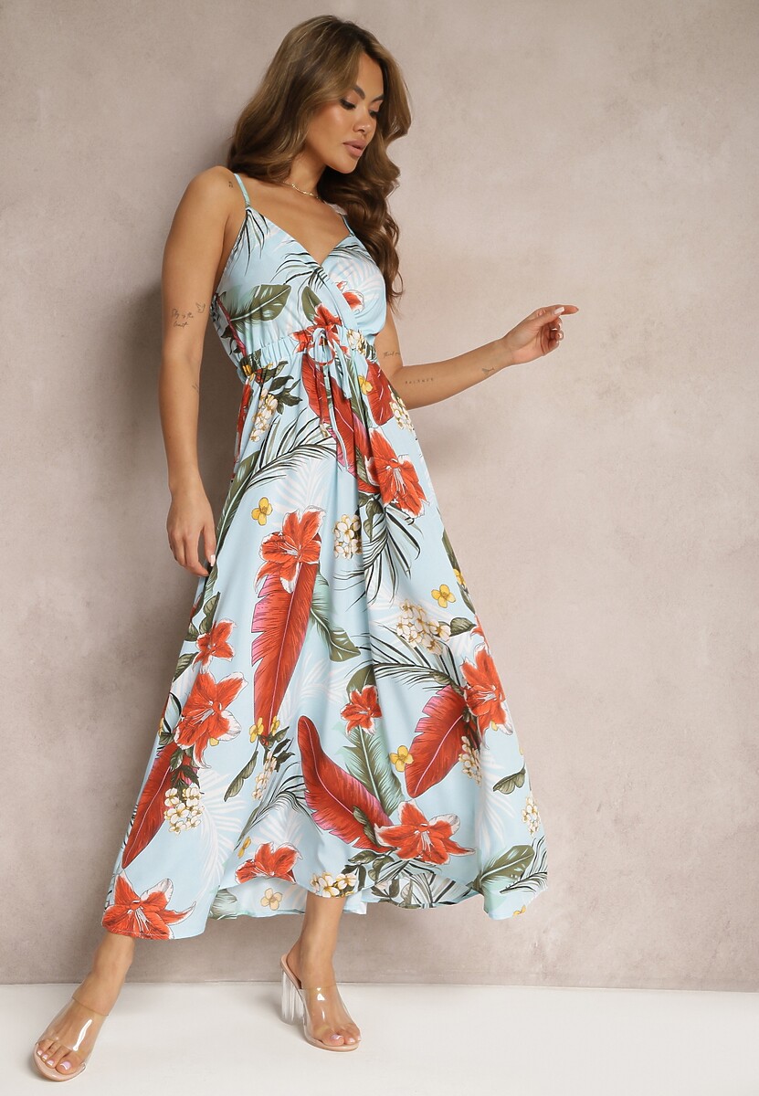 Biało-Zielona Wiskozowa Sukienka Rozkloszowana o Kopertowym Dekolcie na Ramiączkach Filinestia