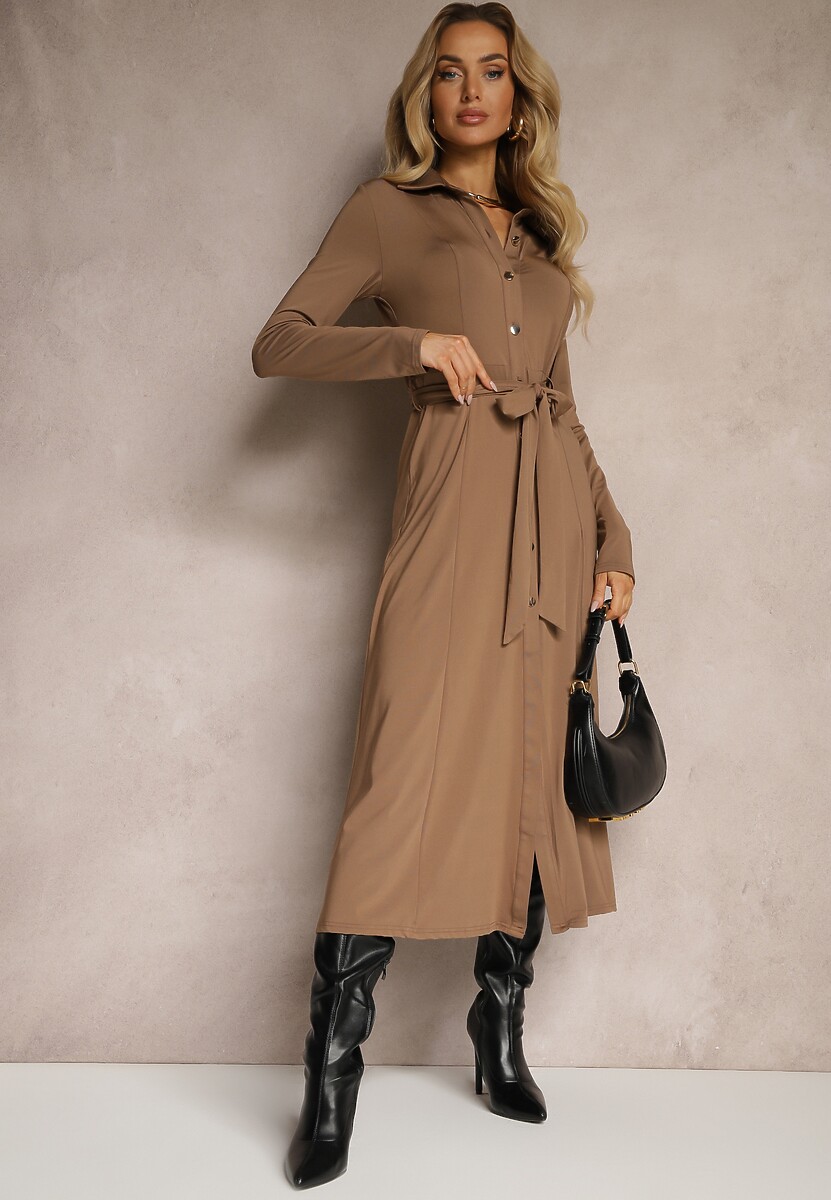 Ciemnobeżowa Długa Sukienka Koszulowa z Wiązaniem w Talii Levae