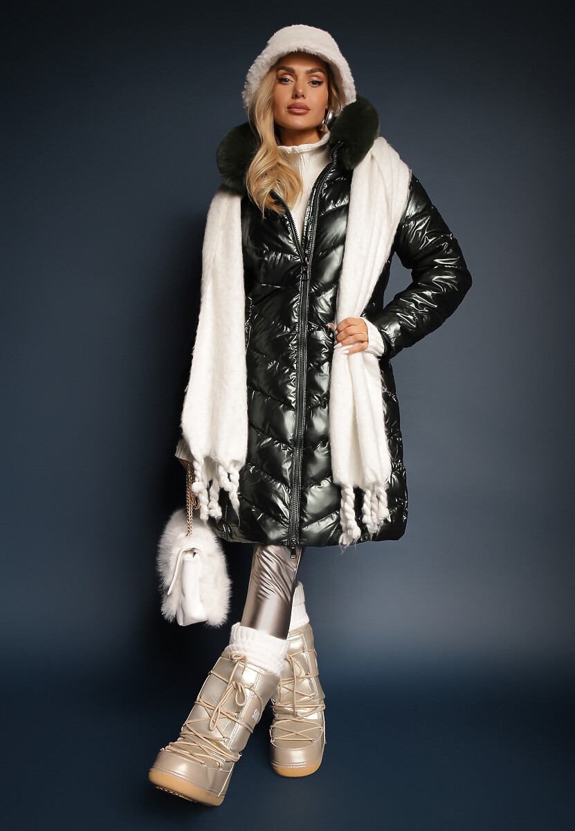 Ciemnozielona Pikowana Kurtka Metaliczna z Kapturem i Futerkiem Vivana