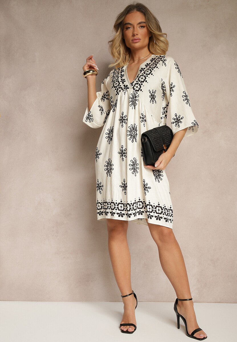 Czarno-Kremowa Sukienka Ozdobiona Ornamentalnym Wzorem z Wiskozą Daviloria
