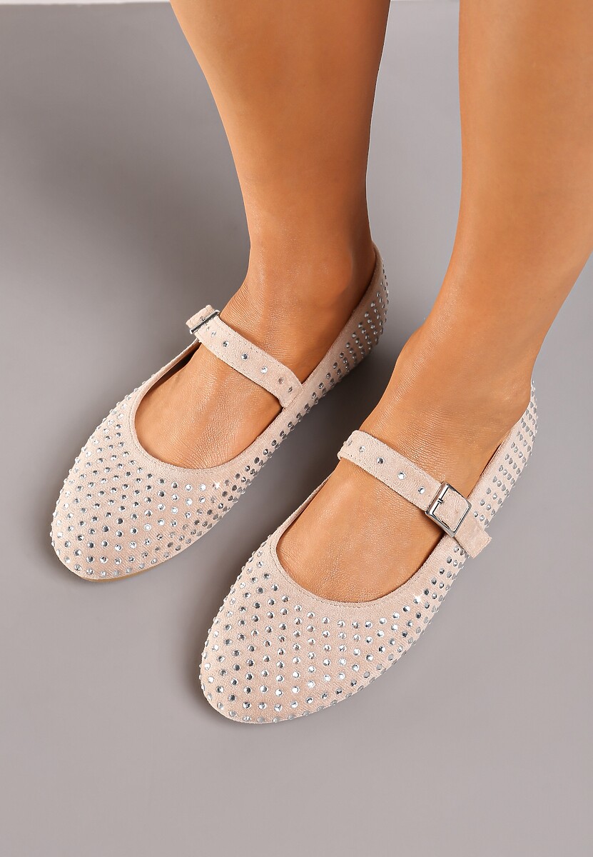 Beżowe Balerinki na Płaskiej Podeszwie w Stylu Mary Jane z Cyrkoniami i Ozdobnym Paskiem Ivilra