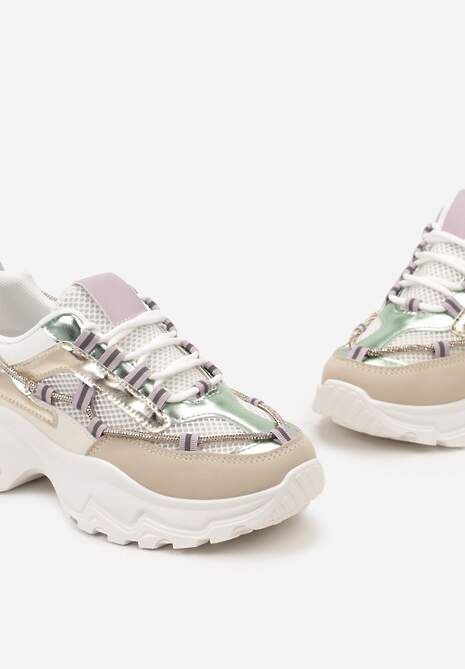 Beżowo-Zielone Sneakersy z Metalicznymi Wstawkami na Niskiej Platformie z Ozdobnym Sznurkiem Oiriema