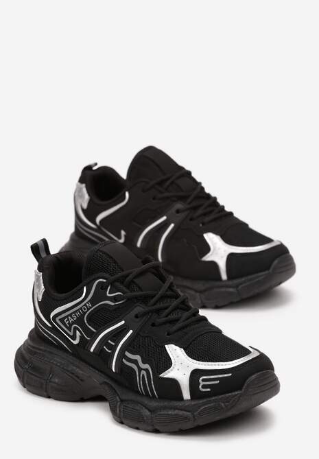 Czarne Sznurowane Buty Sportowe na Płaskiej Podeszwie z Siateczką i Ozdobnymi Wstawkami Bellaraz