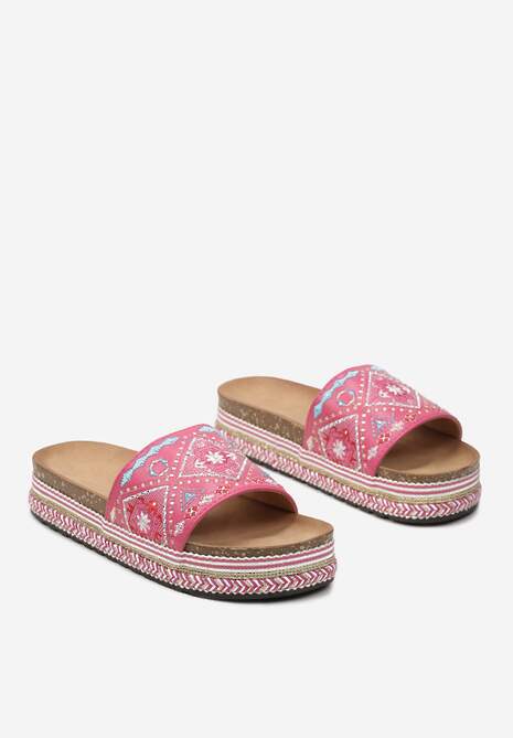 Fuksjowe Klapki Boho na Niskiej Platformie Ozdobione Plecionką i Cyrkoniami Giratsa