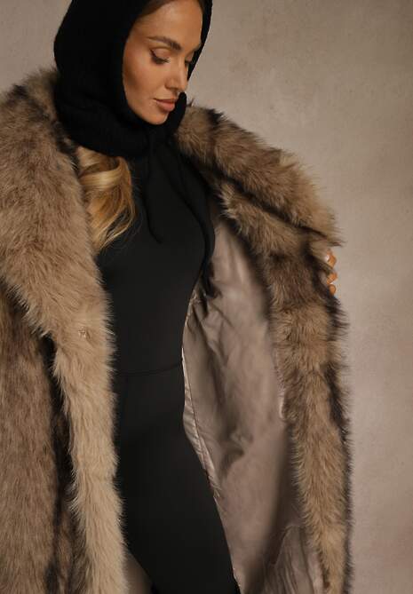 Brązowy Płaszcz Futerko o Prostym Kroju z Szerokim Kołnierzem Ezilana