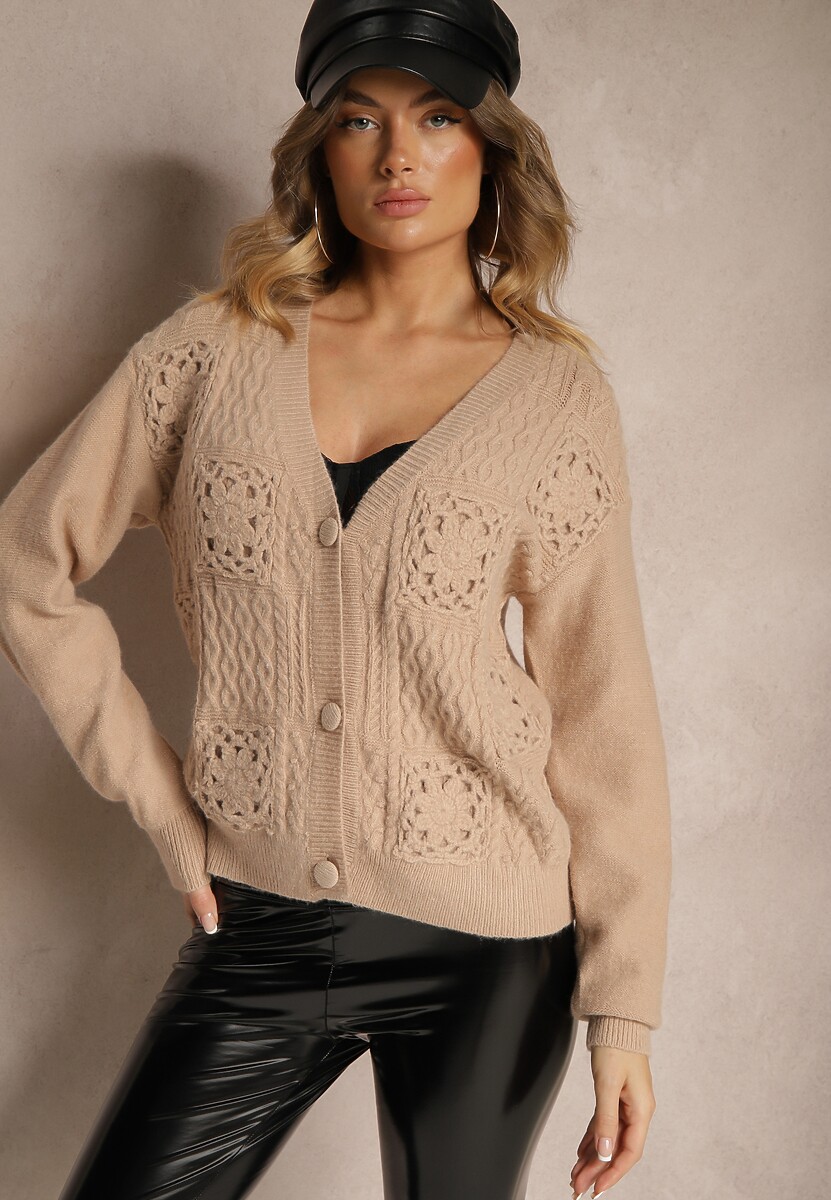 Ciemnobeżowy Ażurowy Kardigan na Guziki Nolila