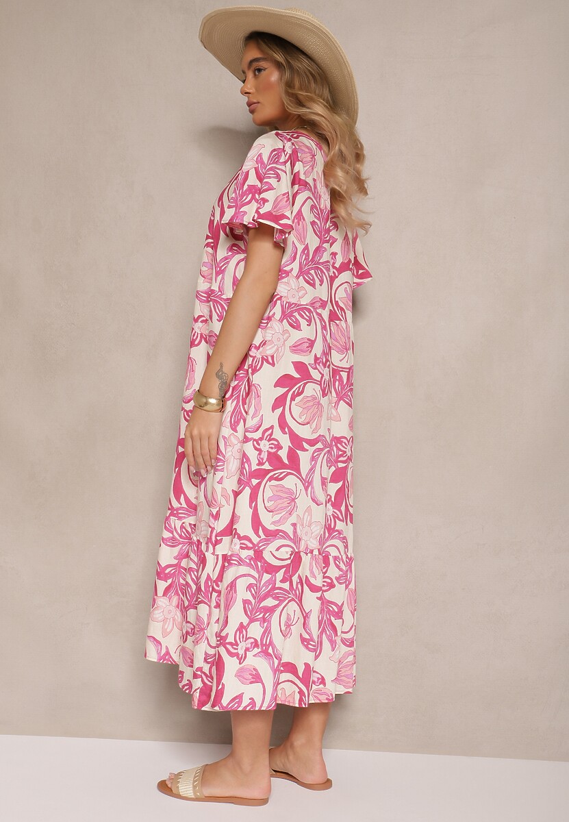 Różowa Sukienka Wiskozowa o Pudełkowym Kroju w Kwiatowy Print Ranisla