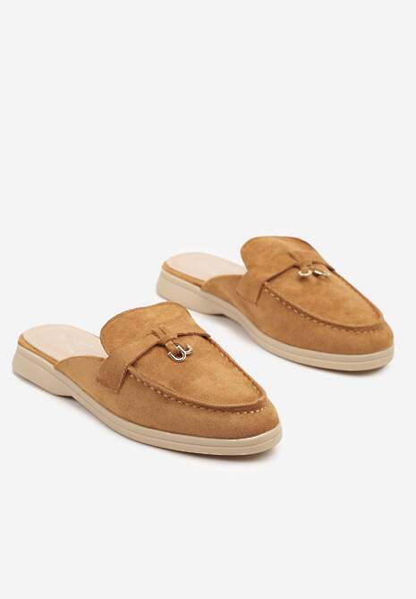 Jasnobrązowe Klapki w Stylu Muli z Ozdobą i Przeszyciami Silfia