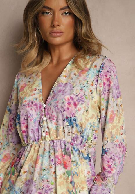 Żółta Sukienka w Kwiatowy Print o Rozkloszowanym Kroju z Dekoltem w Serek Janellia