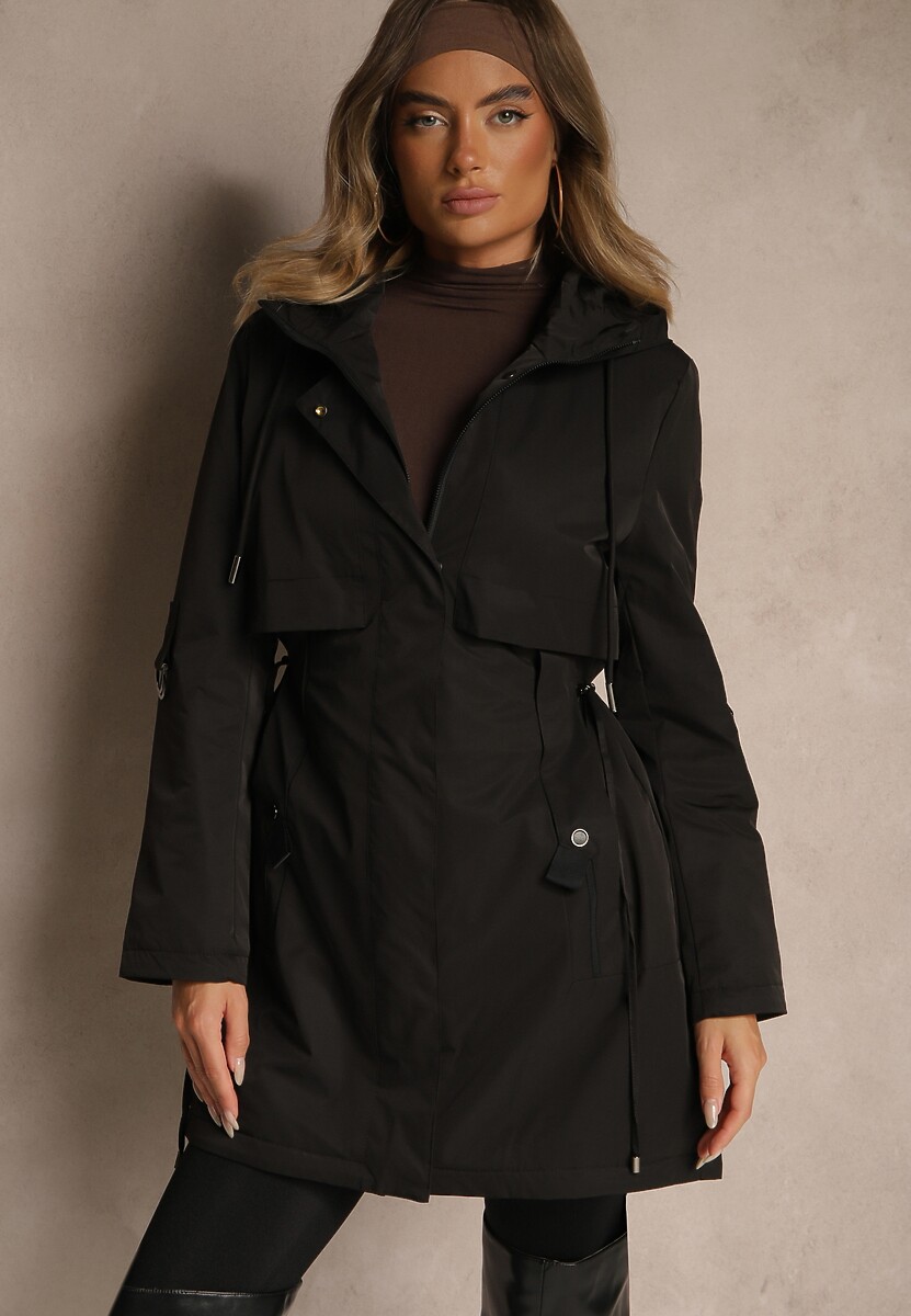 Czarna Kurtka Typu Parka z Kapturem o Klasycznym Kroju Tulania