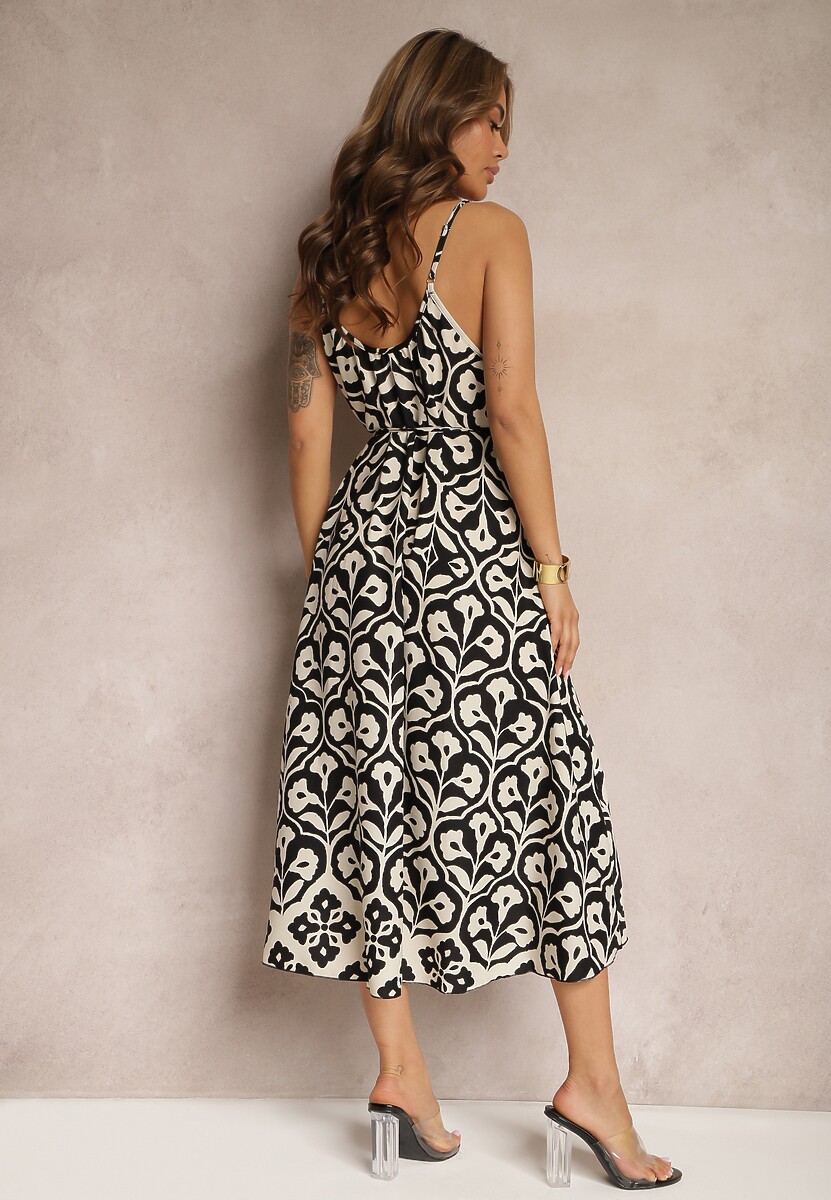 Czarno-Beżowa Trapezowa Sukienka Ściągana Troczkiem na Ramiączkach Illseta