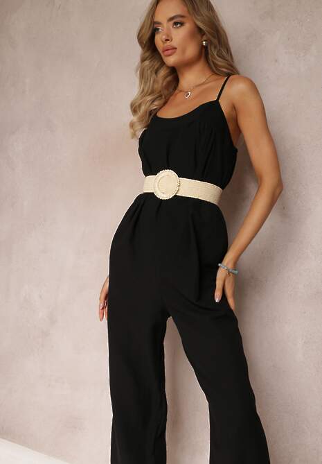 Czarny Kombinezon na Regulowanych Ramiączkach z Długimi Nogawkami z Bawełny Myrcela