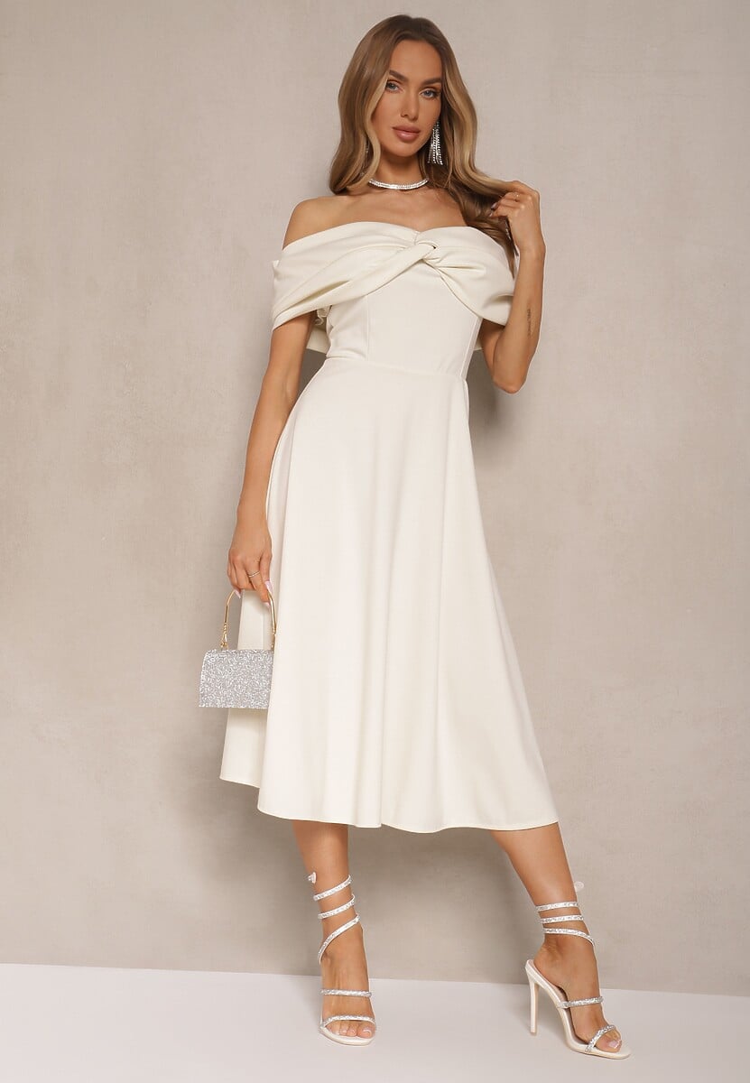 Beżowa Sukienka Rozkloszowana Ozdobiona Kokardą Odarra