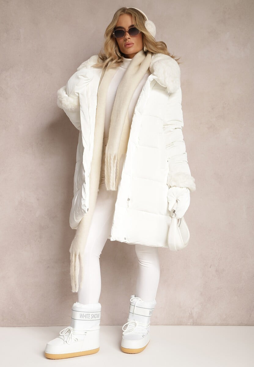 Biała Kurtka Płaszcz z Ozdobnym Pikowaniem z Futerkiem i Rękawiczkami Sicilba