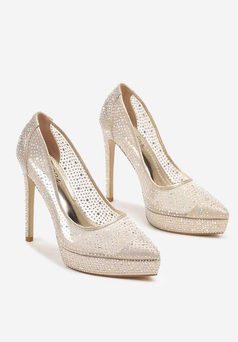 Złote Eleganckie Szpilki z Platformą i Cyrkoniami Grelesi