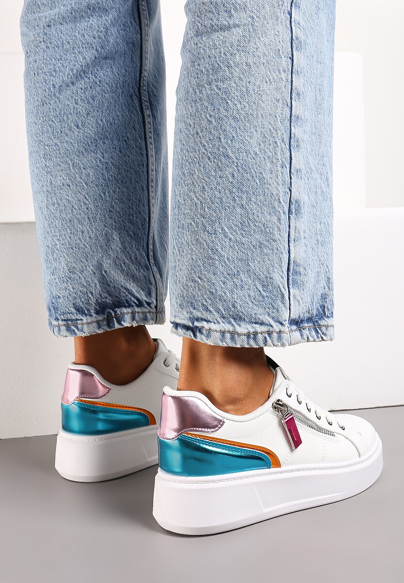 Biało-Niebieskie Sneakersy z Ozdobnym Suwakiem i Platformą Iolanna