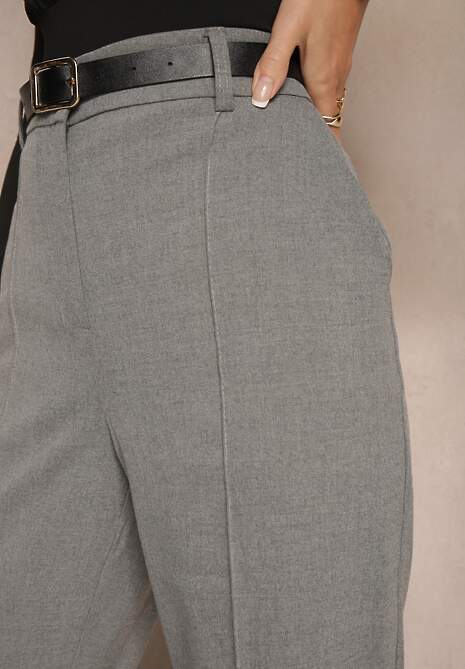 Jasnoszare Spodnie Garniturowe z Wiskozą High Waist o Szerokim Kroju Ceanita