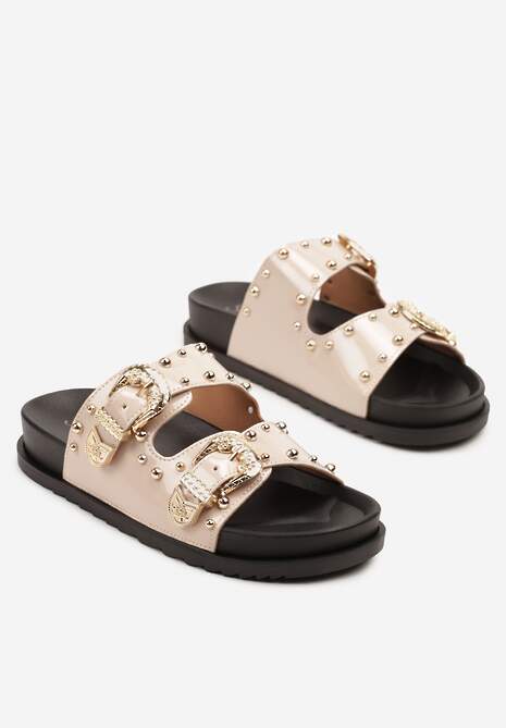 Beżowe Klapki z Ozdobnymi Paskami ze Sprzączkami i Nitami Aveloiti