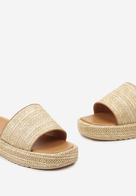 Beżowe Boho Klapki z Ozdobnej Plecionki z Rafii na Niskiej Platformie Cerams