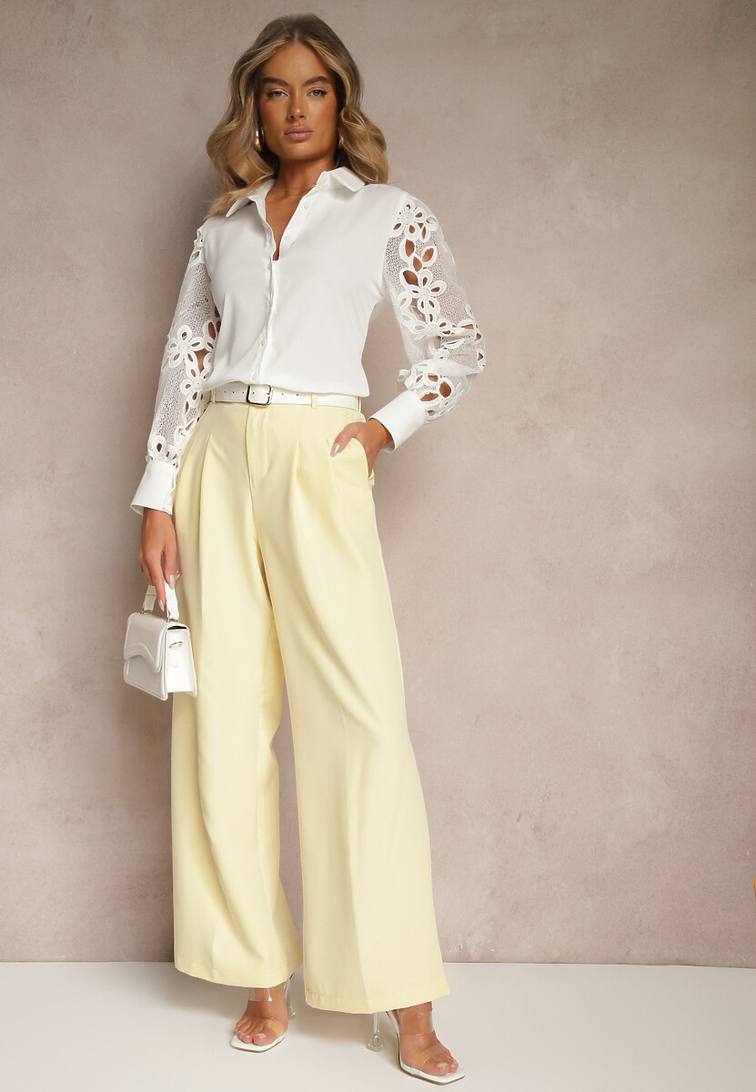 Biała Koszula z Eleganckimi Rękawami Ozdobionymi Ażurową Koronką Urecca