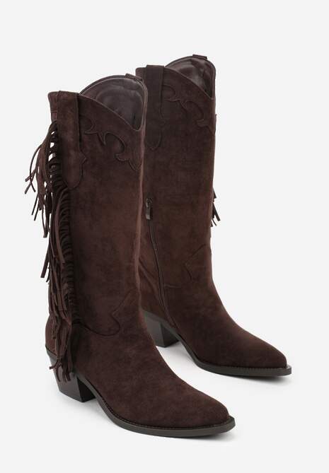 Ciemnobrązowe Kozaki Kowbojki na Stożku Ozdobione Frędzlami Reianeva