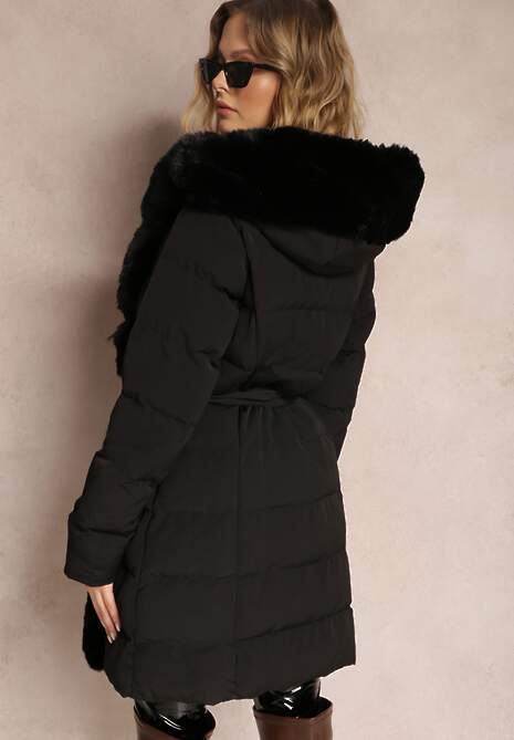 Czarna Kurtka Pikowana z Futerkiem Kove
