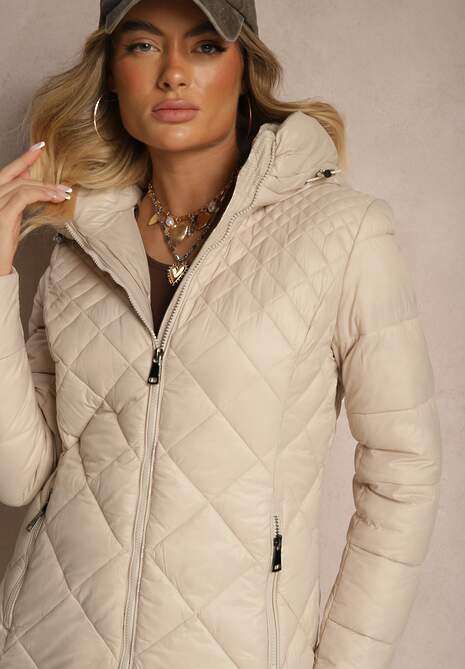 Beżowa Kurtka Pikowana o Długim Kroju z Kapturem Erivana