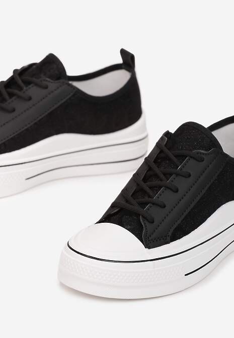 Czarne Brokatowe Trampki na Grubej Podeszwie przed Kostkę Ariu